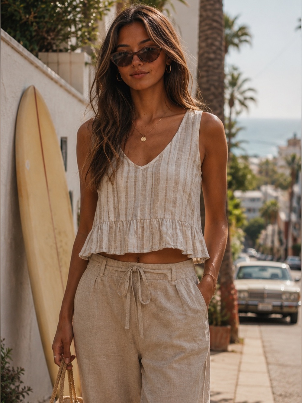 SAGE Linen Blend Striped Ruffle Hem Crop Top Neutral Euro Summer Tank M